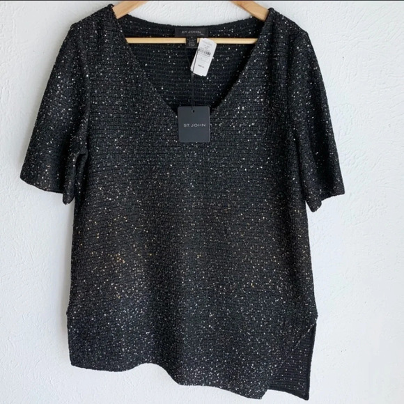 ST. John Caviar Asymmetrical Hem Multi shimmer Top size Medium Black NWT - Picture 1 of 5